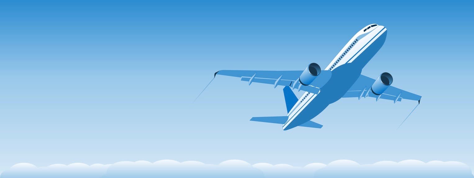 Commercial jet airplane ascending with blue background