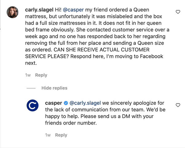 Image of Instagram comments for how to respond to a customer service request