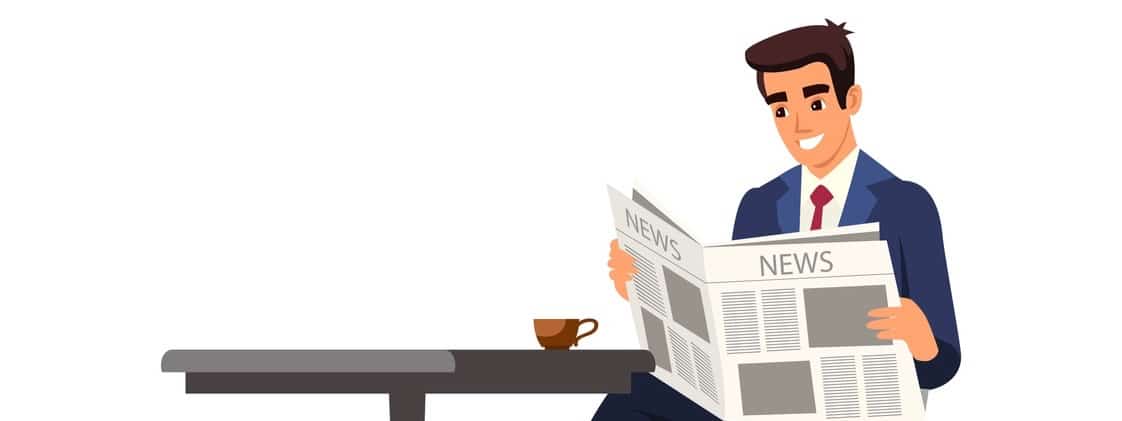 Businessman company employee character sitting at table reading daily newspaper