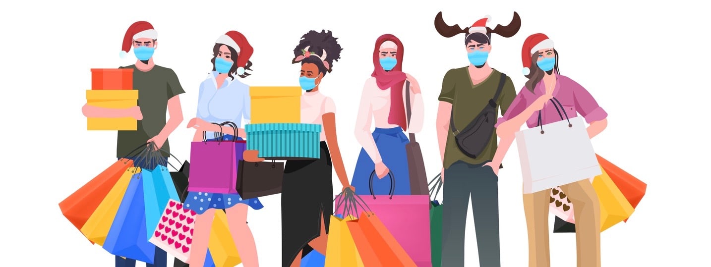 mix race people in festive hats holding shopping bags