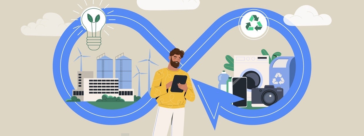 Circular economy manufacturing cycle, sustainable strategy. Reuse of energy resources and waste reduction.