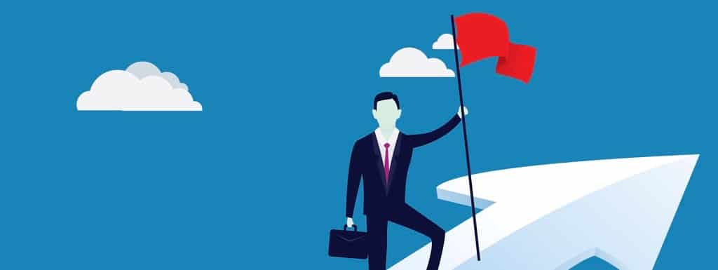 Businessman conquers obstacle, winning gesture holding victory flag, climbing success arrow