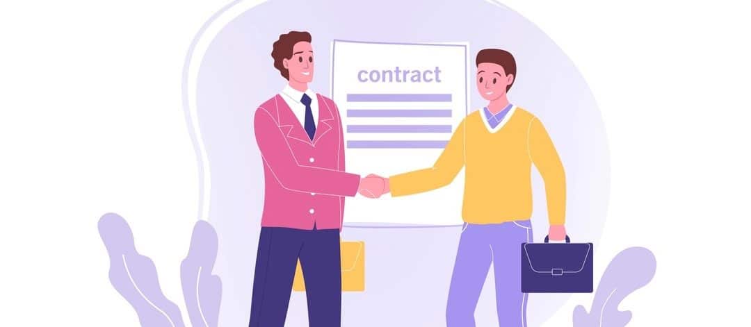 Young happy employee worker cartoon character signs agreement shaking hand to businessman leader boss.