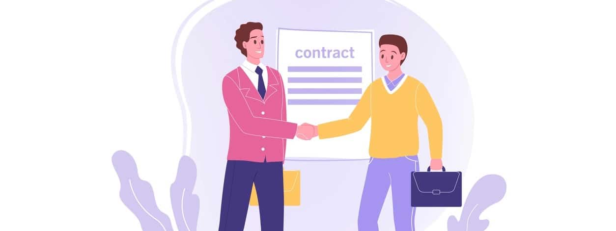 Young happy employee worker cartoon character signs agreement shaking hand to businessman leader boss.