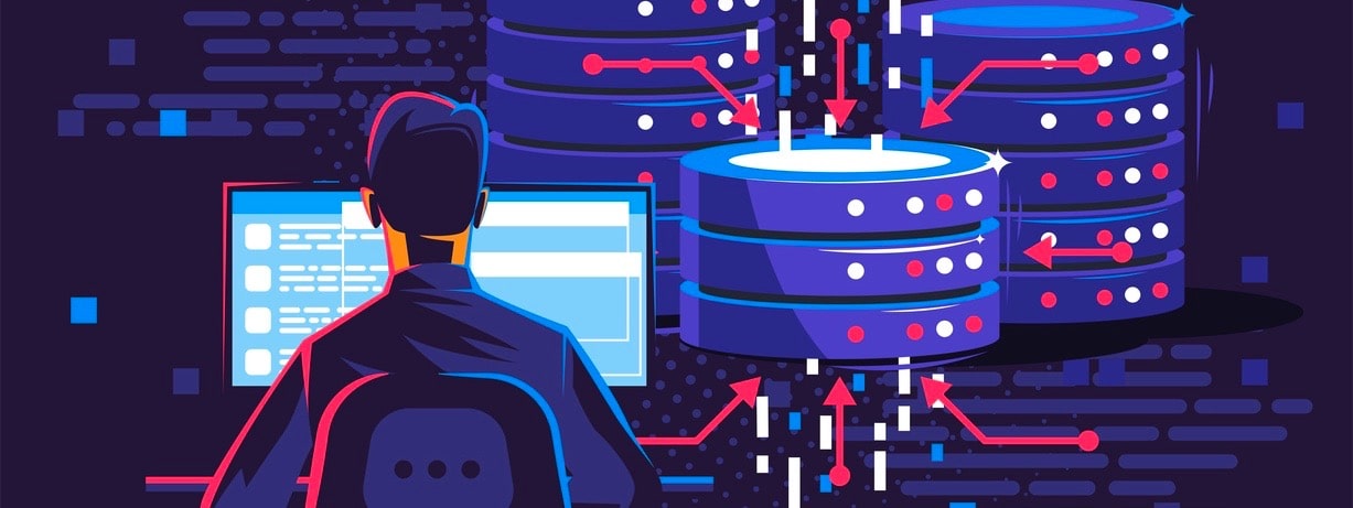 Vector illustration of a man sitting at a computer, a system administrator in a data center room, information storage on a network disk man sitting at a computer, a system administrator in a data center room