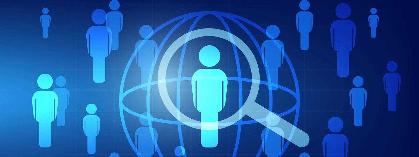 people symbol with magnifying glass on blue background