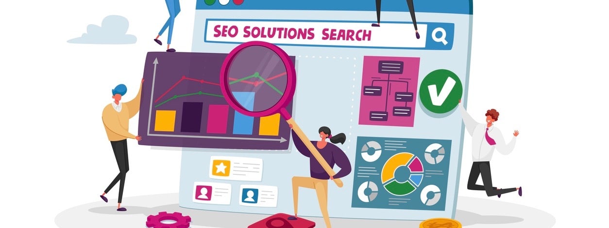 Seo Solutions and Business Data Analysis Concept. Tiny Characters Research Marketing Strategy.