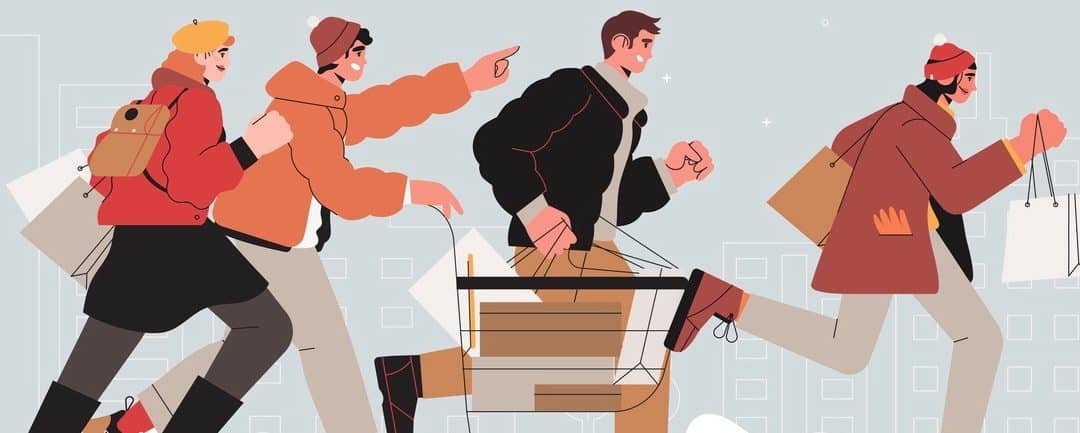 friends running with shopping cart to buy gifts for christmas