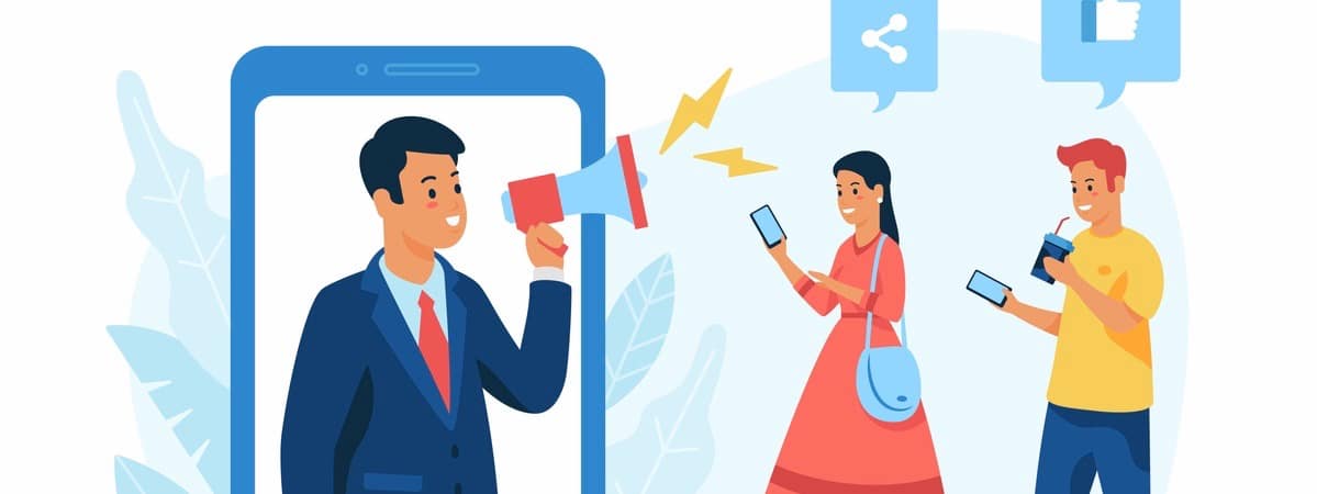 Male cartoon character holding megaphone standing in smartphone screen and attracting customers during social media advertising compaign