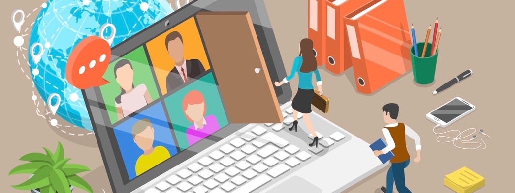 3D Isometric Flat Vector Conceptual Illustration of Hybrid Workplace Hybrid Workplace, Teleworking and Business Teamwork