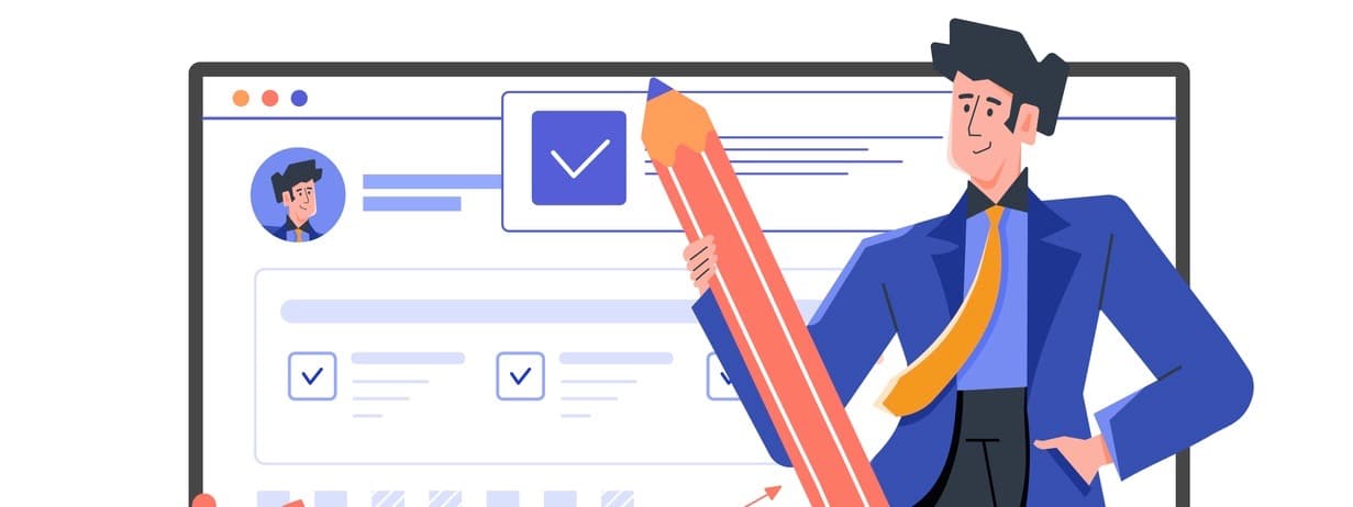 Monitor with a dashboard and a male character with a giant pencil. Personal productivity, schedule, employee performance report. Vector flat illustration. Monitor with a dashboard and a male character with a giant pencil.