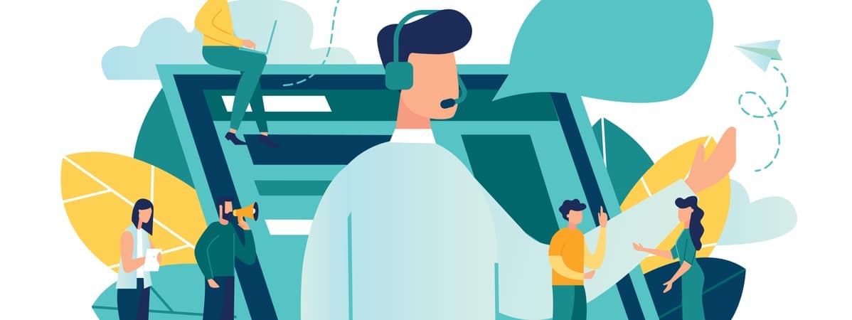 Vector illustration, customer service, male hotline operator advises client, online global technical support 24/7, customer and operator customer service, male hotline operator advises client