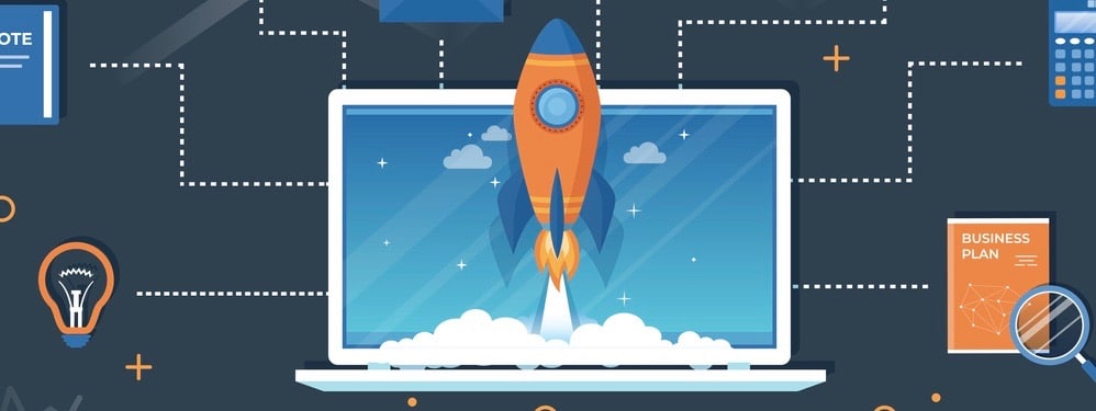 Business project startup, financial planning, idea, strategy, management, realization and success. Rocket launch from laptop screen, business plan, notes, clock, target, money, bulb, calendar Vector Rocket launch from laptop screen, business plan, notes, clock, target, money, bulb, calendar.