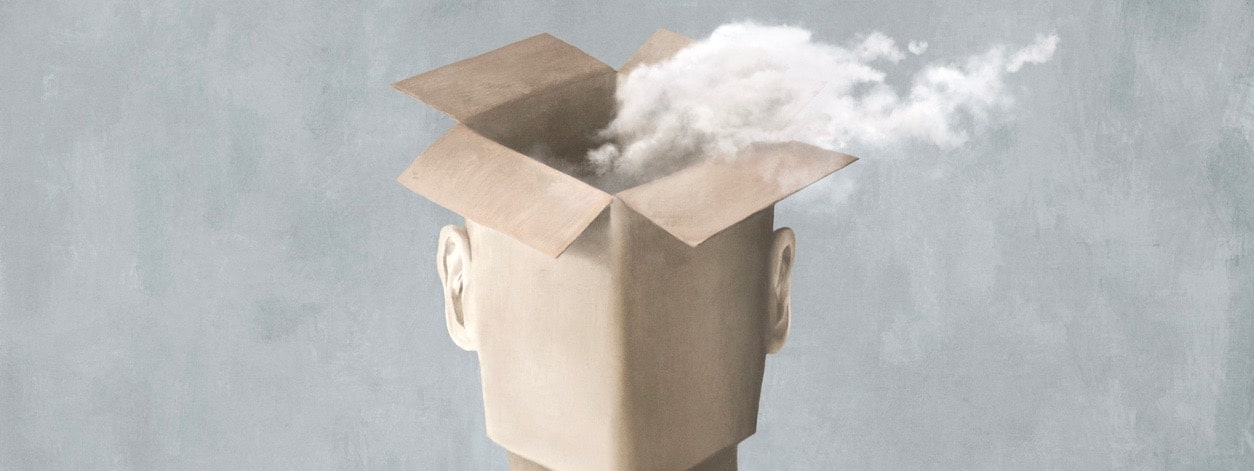 Man with cloud getting out of the box over his head.