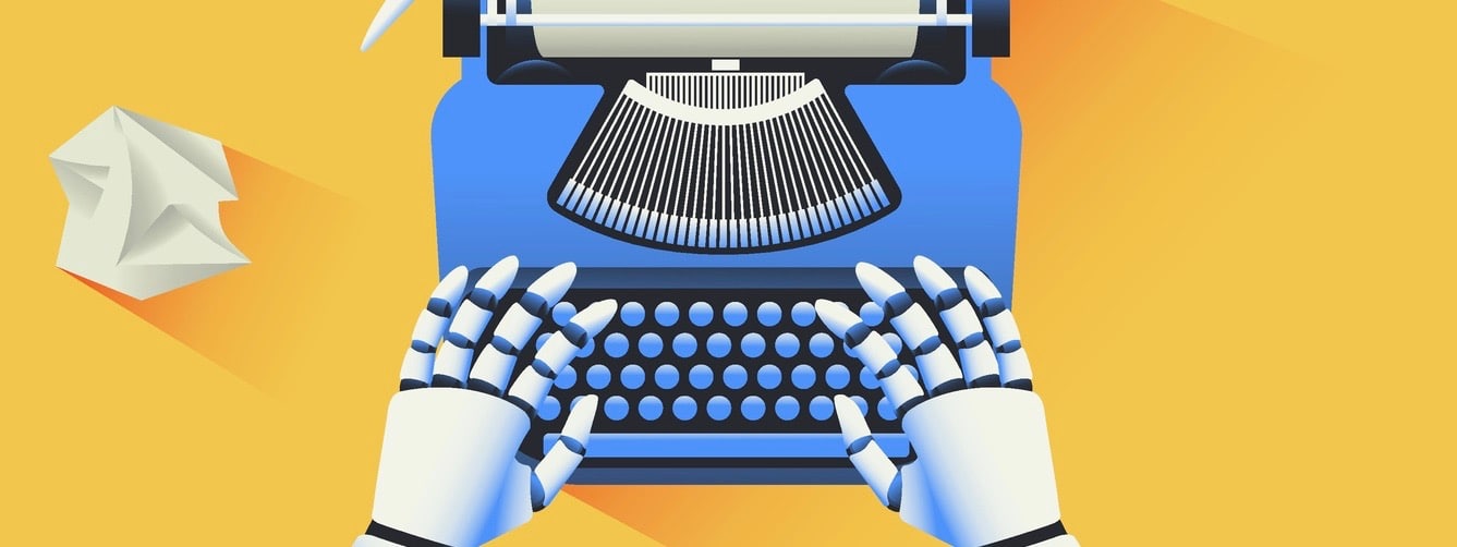 Robot typing text on a typewriter.