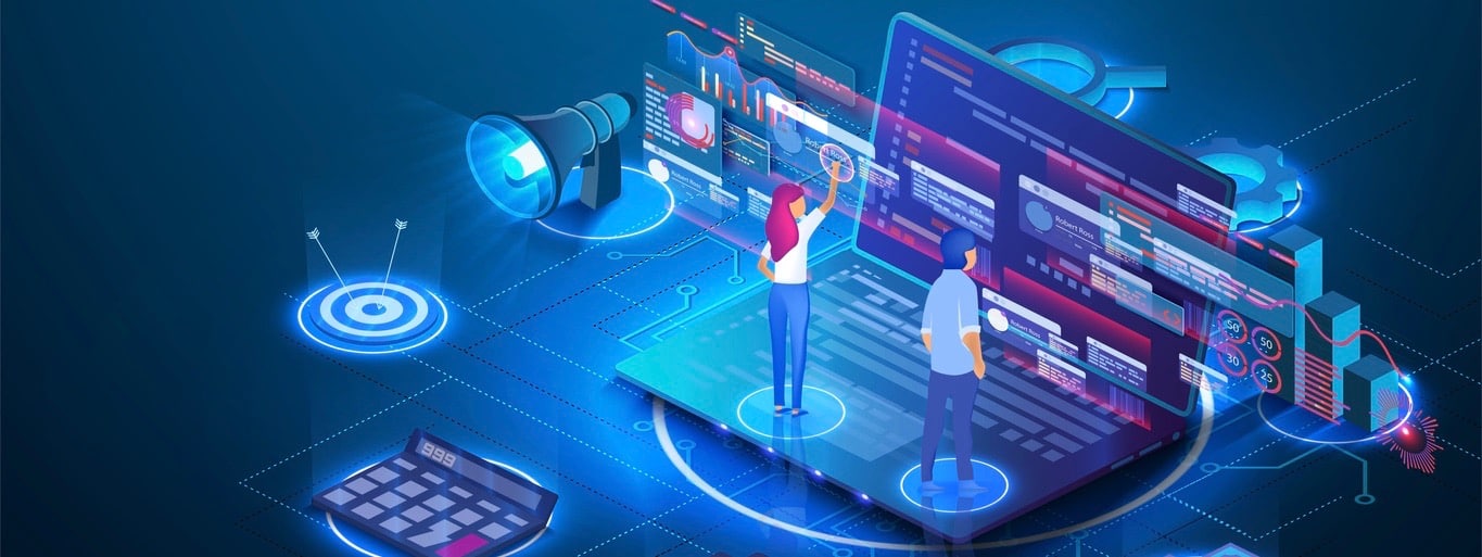 Teamwork of business analysts on holographic charts and diagrams