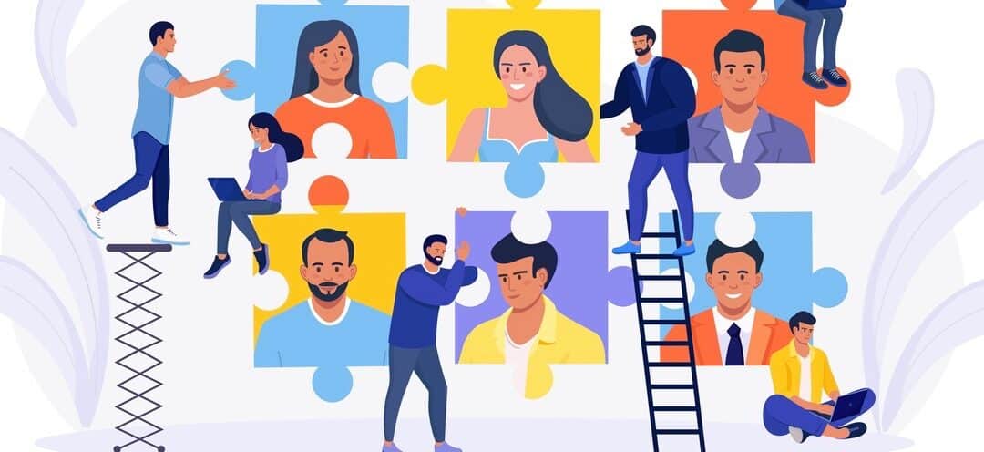 Tiny people connecting puzzle pieces, build team, hiring employees.