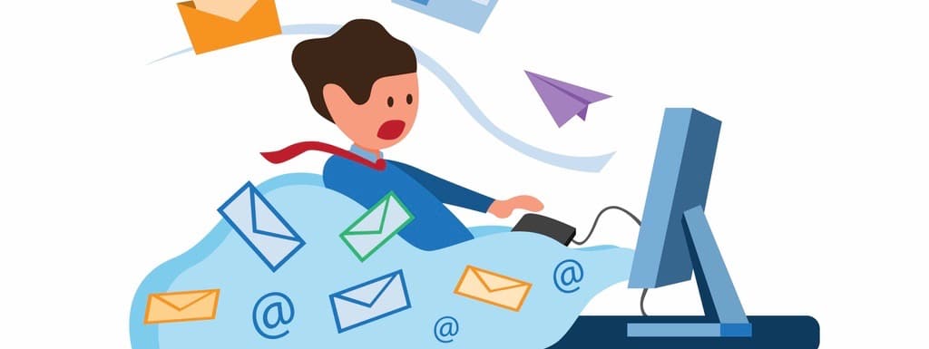 office worker with full of envelope and email coming out from computer, inbox message full, email spamming illustration symbol in flat style vector office worker with full of envelope and email coming out from computer