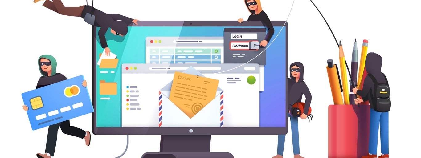 Hackers and cyber criminals phishing stealing private personal data, credentials, password, bank document email and credit card. Small anonymous hacker man attacking computer. Flat vector illustration Hackers and cyber criminals phishing stealing private personal data, credentials, password, bank document email and credit card.