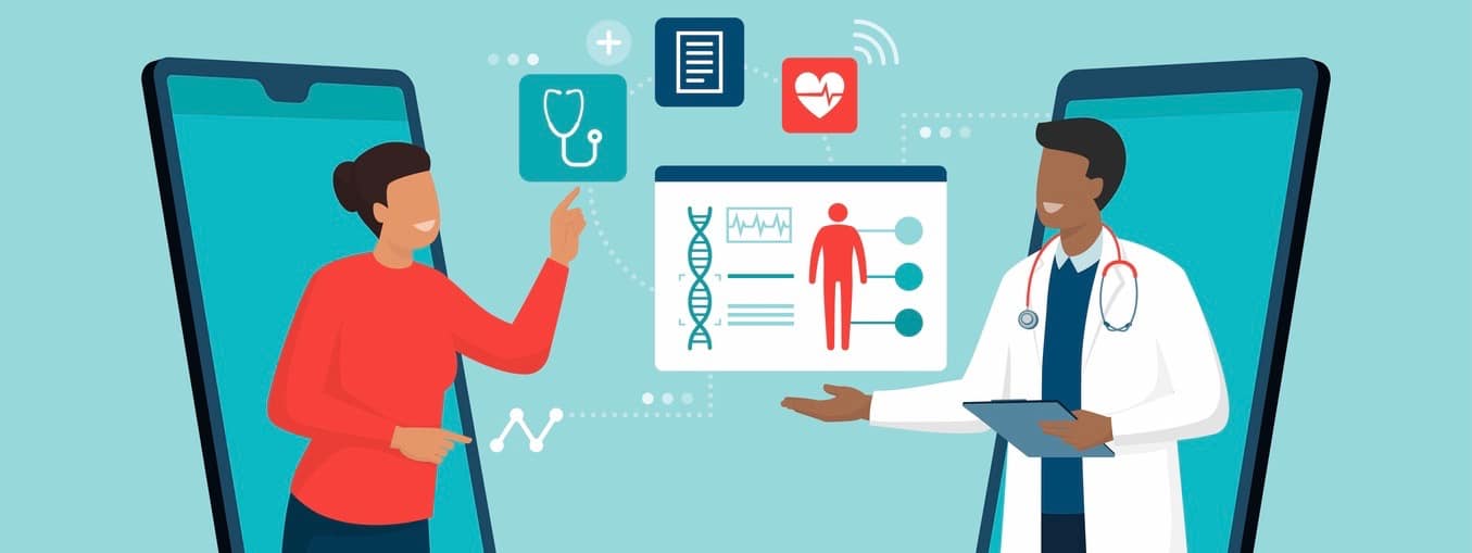 Online doctor and telemedicine: woman connecting with a doctor online using a smartphone app.