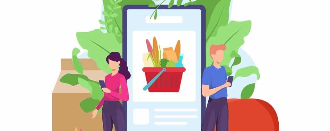 People buying grocery food products in mobile app.