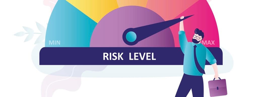 Businessman hangs on arrow of measuring device. High risk, business or job at risk. Risk management, balance between risky and possible profit. Sad investor on gauge. Businessman hangs on arrow of measuring device. High risk, business or job at risk.