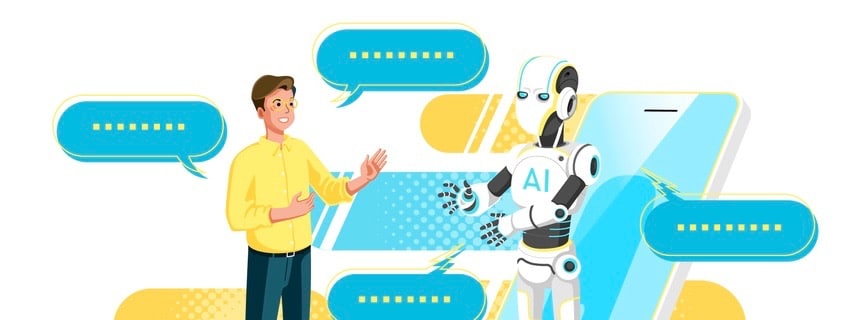 AI Chatbot or artificial intelligence concept. AI Robot answer customer in chatbot service. Dialog between AI assistant and user. Web banner layout template and cartoon character, vector illustration AI Robot answer customer in chatbot service.