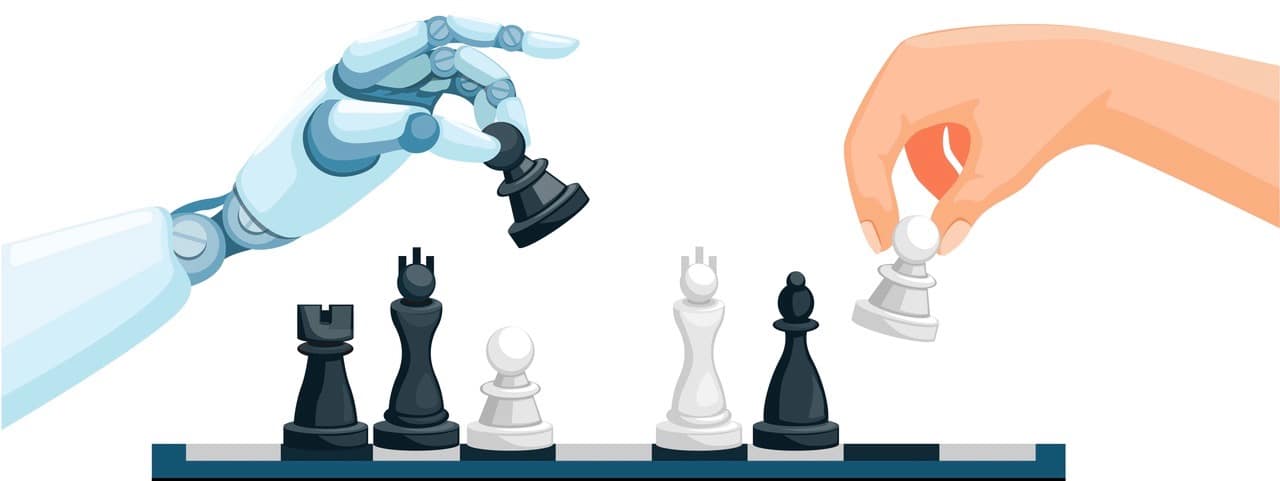 Robot vs Human playing Chess game. artificial intelligence technology.