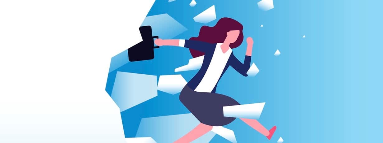 Businesswoman breaking wall. Strong woman jamps through barrier. Free people, action and overcome vector concept Businesswoman breaking wall. Strong woman jumps through barrier.