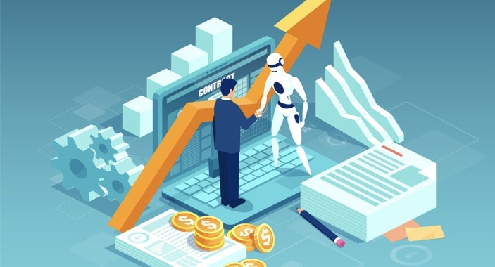Vector of a businessman and a robot shaking hands standing on computer. a businessman and a robot shaking hands standing on computer