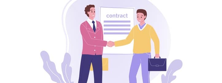 Young happy employee worker cartoon character signs agreement shaking hand of businessman leader.
