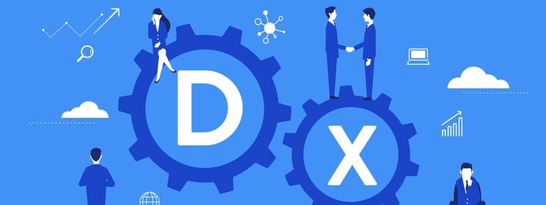 Digital transformation concept, with cogs inside D and X.