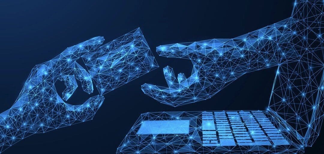 The hand from the monitor requests the user's Bank credit card. Threat to the security of electronic banking.