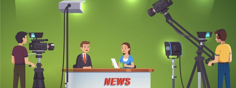 News television show live recording and broadcast in professional video production studio set room with green background, lighting equipment, spotlights and cameras operated by cameraman shooting crew. Tv host male guest reporter talking to female sitin Tv live news show host interview. Television presenter, cameraman video camera shooting crew.