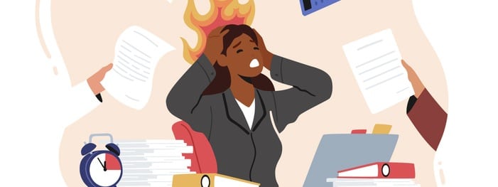 Overloaded Business Woman Holding Burning Head with Hands Sitting at Workplace