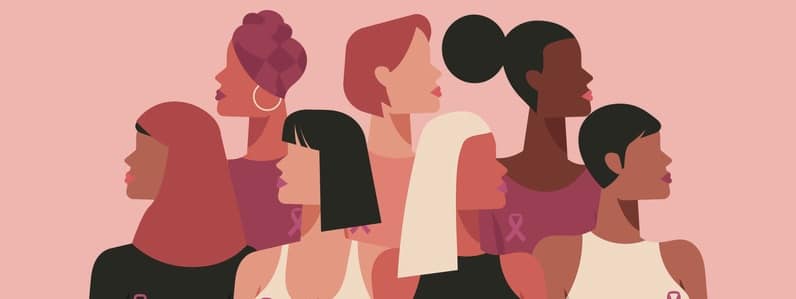 breast cancer awareness month and diverse ethnic women with pink support ribbon diverse ethnic women group together with pink support ribbon symbol on chest