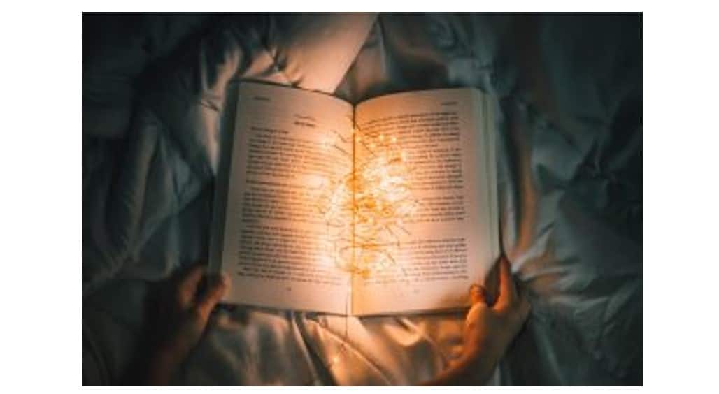 A person holding a book that's illuminated by the string lights