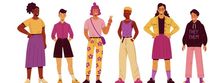Vector illustration of diverse cartoon young adult people without gender identity in trendy