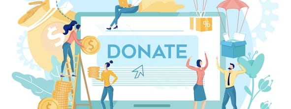 Page for Creating Donation. On Device Small People with Coins in Hands and Ready to Catch Gifts Falling from above.
