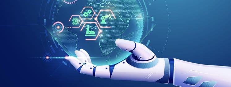 artificial intelligence's hand holding futuristic globe
