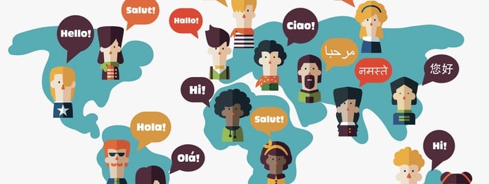 Set of social people on World map with speech bubbles in different languages.