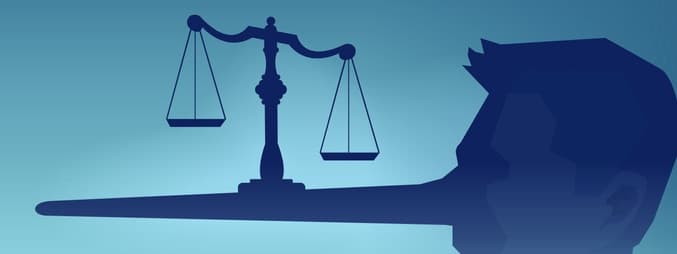man head silhouette and a law scale being balanced on a long nose of a judge
