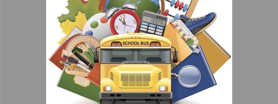 school bus and back to school shopping items