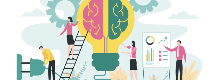 Brainstorming creative idea, business meeting and teamwork concept with big light bulb and brain illustration
