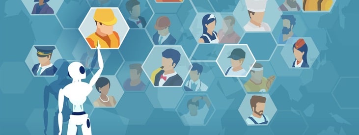Vector of a robot being involved in search and recruitmet of a job candidate robot being involved in search and recruitment of a job candidate