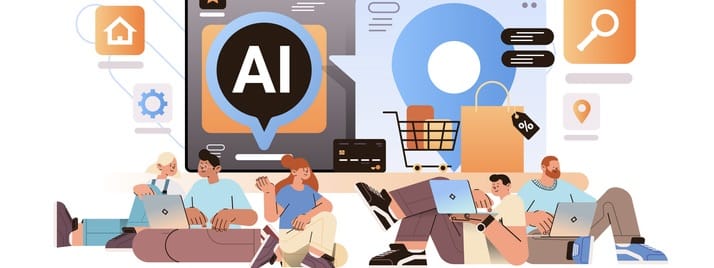people buying things in computer app with ai shopping assistant helper bot e-commerce online shopping concept people buying things in computer app with ai shopping assistant helper bot