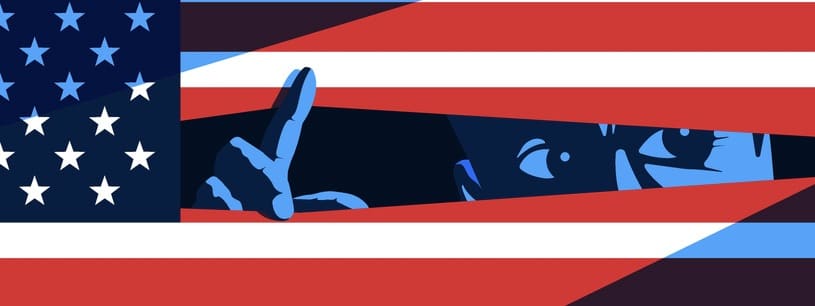 Man lurrking behind the american flag vector illustration Man lurrking behind the american flag. USA default, financial crisis, political problems concept.