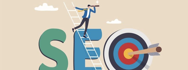 businessman climb up ladder on the word SEO with arrow hit target.