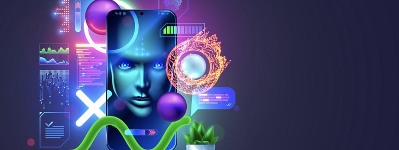 AI in image wise face on screen hanging phone with artifical intelligence. Innovation computer technology of artificial neural networks. Intelligence chatbot of mobile phone. Robot head analyse data. AI in image wise face on screen hanging phone with artifical intelligence.
