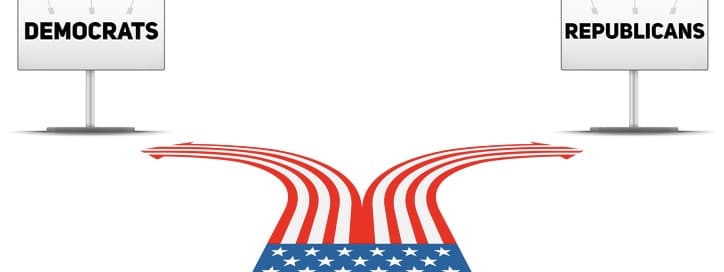 Standing at the crossroad making USA political party choice. Flag in the shape of the road to the Republicans or Democrats.